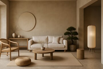 Elegant Japandi living room featuring soft beige tones, low wooden furniture, bonsai tree, sculptural wall art, and minimalist decor.
