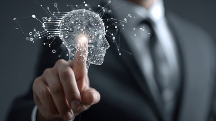 Businessman Touching Digital AI Human Head with Network Nodes and Circuits, Abstract Futuristic Artificial Intelligence Concept in Cool Grey Tones