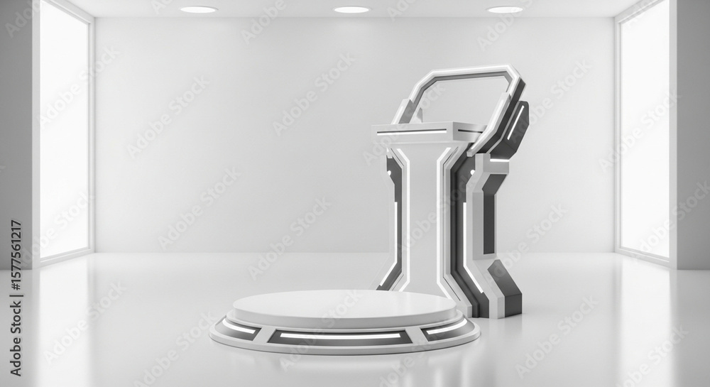 Aufkleber bright, clean, and futuristic studio space featuring a prominent circular display platform and a sle