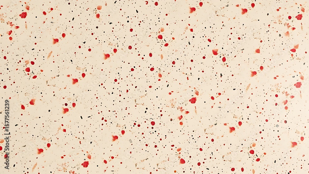 Poster abstract speckled pattern with vibrant red splatters on a textured light cream colored background