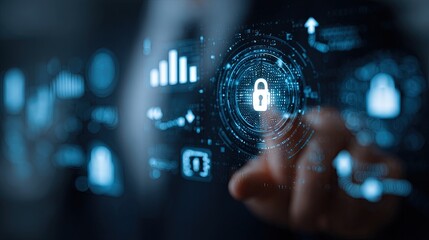 Businessman Touching Digital Lock Icon on Futuristic Interface Highlighting Cybersecurity, Data Protection, and Network Security