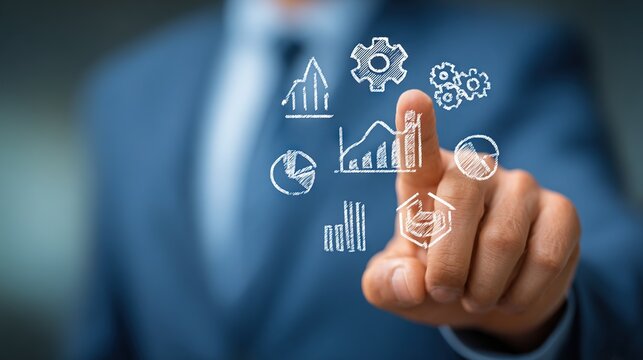 Businessman Touching Virtual Analytics Dashboard Interface Showing Charts Graphs and Gears Representing Data Analysis and Strategy