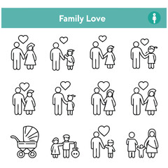 Thirty simple line icons depicting various family themes.