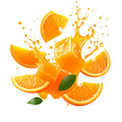 Orange slices with juice splash isolated on black background