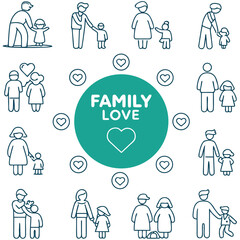 Fototapeta premium Thirty simple line icons depicting various family themes.
