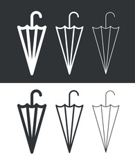 Icon of a folded umbrella. Symbol of rain or protection. Means of protection from the sun. Season or autumn pictogram.  Attribute of bad weather or precipitation. Vector icon.