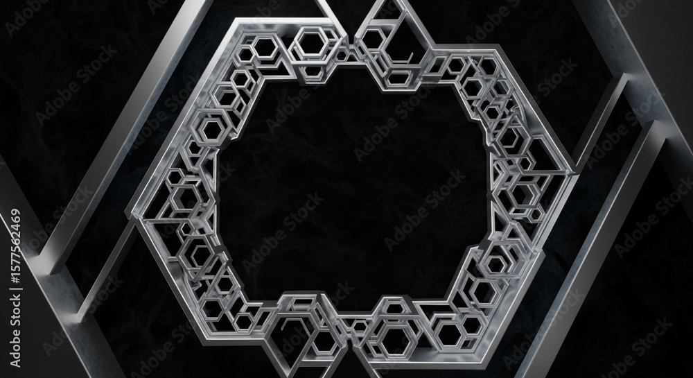 Aufkleber shimmering silver polygons interlock to create a futuristic abstract frame on a deep black .
