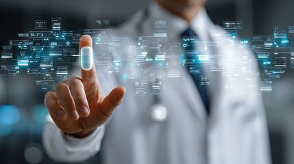 Doctor Touching Futuristic Virtual Interface with Digital Medical Data and Prescription Icon in Modern Healthcare Concept