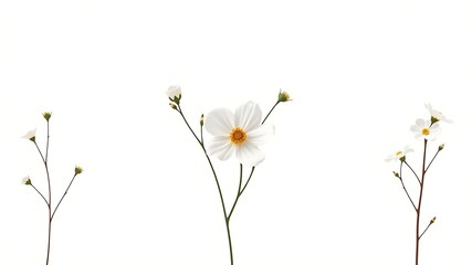 Delicate white cosmos flowers with yellow centers isolated on a clean white background