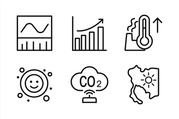 Climate change linear icon set – outline style symbols for environmental awareness: graph, growth chart, temperature rise, smiling sun, co2 levels, map, rising heat