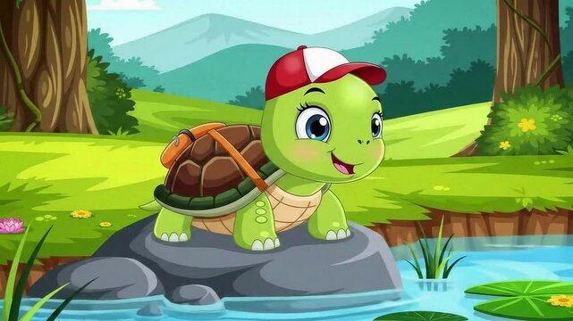 Animated Turtle with Backpack Exploring a Lush Forest