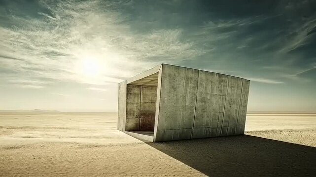 Concrete structure on a arid land, a minimalist architectural statement against the desolate background