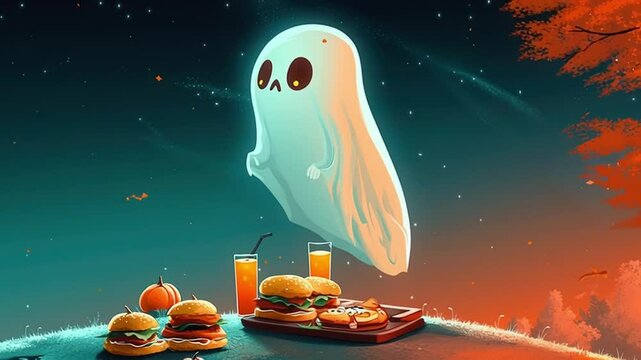 Cute ghost floating near burger and drink on grassy hill under starry night sky with autumn leaves and pumpkin for spooky nighttime picnic