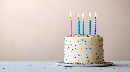 A small birthday cake with five lit candles on a white surface against a pale pink background.