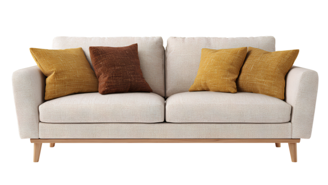 Modern Beige Sofa with Yellow and Brown Cushions – Contemporary Living Room Furniture