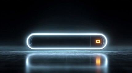 Abstract luminous element hovering over reflective surface on dark background atmosphere