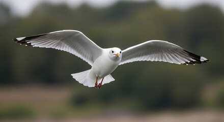 Fototapeta premium A graceful white seagull soars through the air with outstretched wings against a soft, natural background