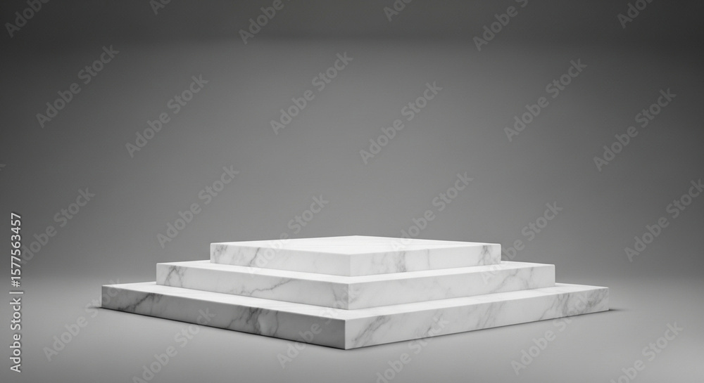 Poster sophisticated multi-level marble platform illuminated by a soft light on a neutral studio floor.