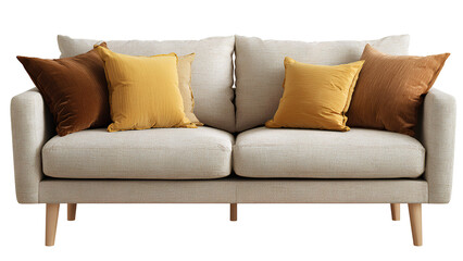 Fototapeta premium Modern Beige Sofa with Yellow and Brown Cushions – Contemporary Living Room Furniture