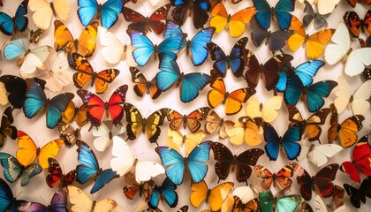 Dozens of beautiful butterflies in rainbow hues forming an elegant, symmetrical wallpaper pattern on a light neutral background.