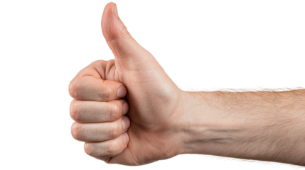 An adult's thumbs up gesture that can be a design element to symbolize messages like 'like', 'great job', 'well done' on a transparent background