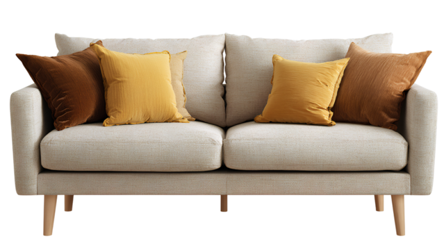 Modern Beige Sofa with Yellow and Brown Cushions – Contemporary Living Room Furniture - Powered by Adobe