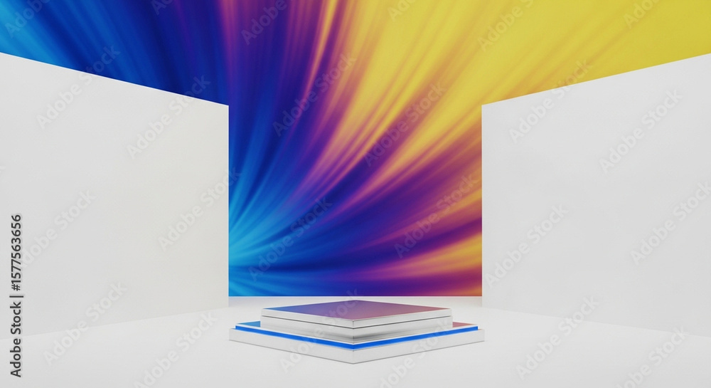 Poster modern display platform against a vibrant abstract background with radiating colorful light.