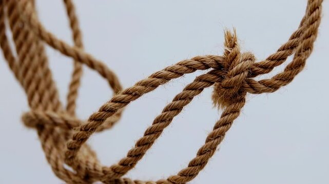 Detailed shot of braided rope construction with visible knots against a clean background