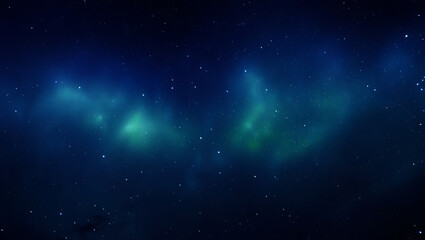 Naklejka premium Vast starry night sky with ethereal blue green nebula clouds