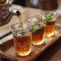 Moroccan Mint Tea Being Poured From a Silver Teapot into Traditional Glasses on a Wood Tray