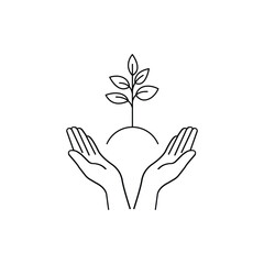 two hands holding black thin line plant with leafs. concept of linear small human palm with ground. lineart peace logotype graphic stroke art sign design web simplicity element isolated on white