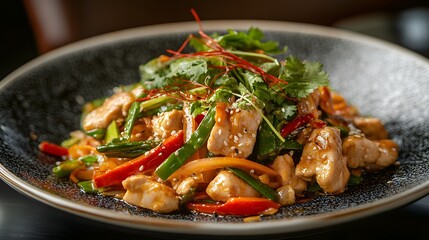 A beautifully plated dish of stir-fried vegetables and chicken