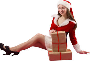 Beautiful young woman in Santa Claus costume against the isolated background.