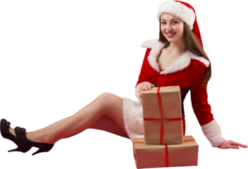 Beautiful young woman in Santa Claus costume against the isolated background.