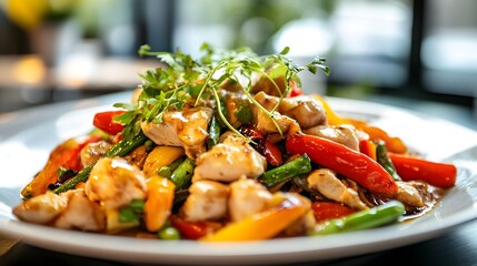 A beautifully plated dish of stir-fried vegetables and chicken