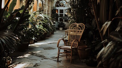 Tranquil conservatory scene featuring a vintage wicker chair surrounded by lush greenery creating