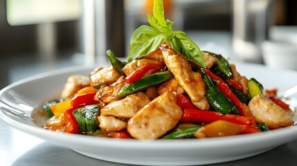 A beautifully plated dish of stir-fried vegetables and chicken