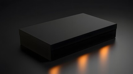 Sleek black rectangular packaging box with clean design, softly illuminated on a reflective surface, leaving space above for branding