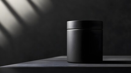 Copy space of a blank black canister with a matte finish, resting on a smooth surface with soft lighting