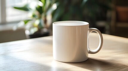 Blank white coffee mug on wooden table, copy space
