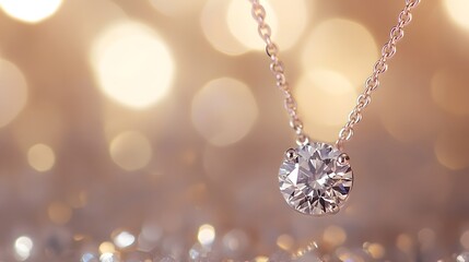 A close-up of a delicate diamond pendant with a soft-focus background