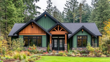 A single-story house with green siding and wood details features black-framed windows, double doors, and vibrant landscaping in a peaceful, tree-lined setting.