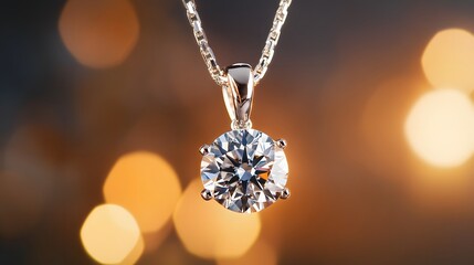 A close-up of a delicate diamond pendant with a soft-focus background
