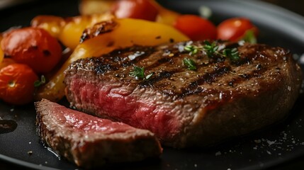 A close-up of a perfectly cooked steak with caramelized vegetables on a black plate
