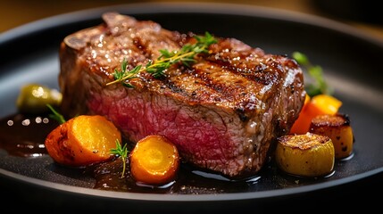 A close-up of a perfectly cooked steak with caramelized vegetables on a black plate