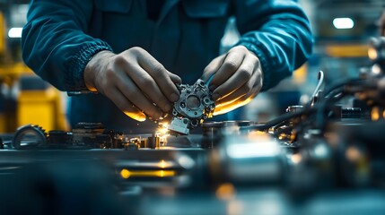 A close-up of a worker’s hands assembling industrial parts on a factory floor