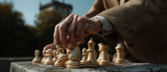 Elderly caucasian male playing chess outdoors with wooden pieces