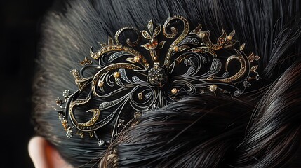 Depict an intricately designed hairpin securing a woman's hair, adding elegance.