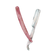Watercolor illustration of a classic straight razor with red handle and silver blade, painted in realistic style. for barbershop branding grooming products vintage packaging and mens care visuals.