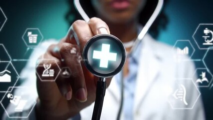 African American Doctor Holding Stethoscope with Digital Health Icons Overlay - Medical Technology Concept - Powered by Adobe